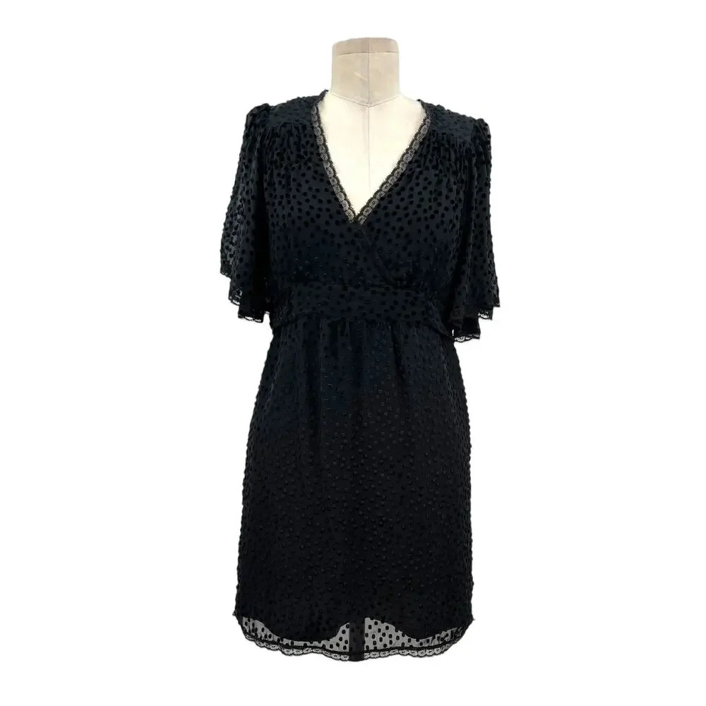 Betsey Johnson Vintage Black Swiss Dot Velvet Flutter Sleeve Dress‎ Size 4